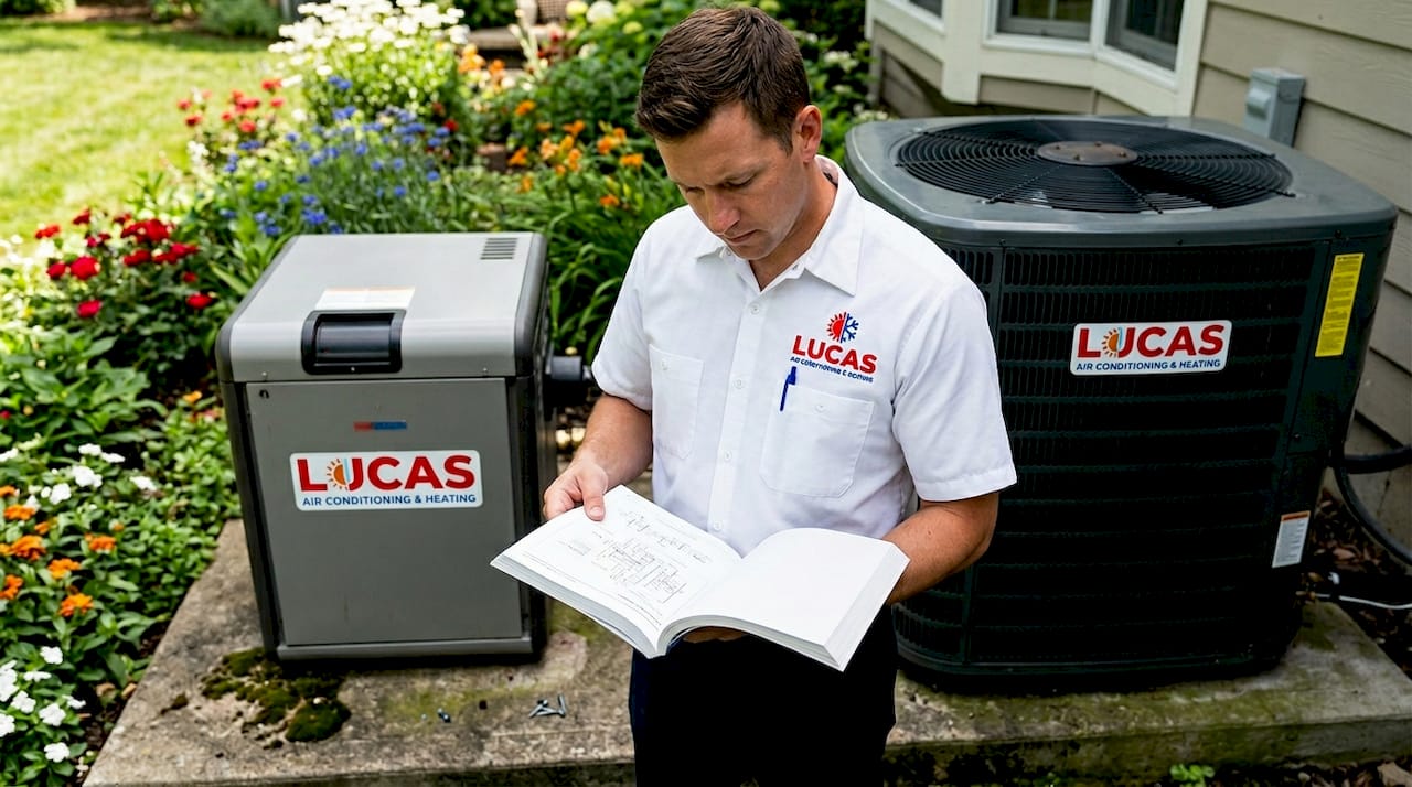 Technician comparing pool heater types