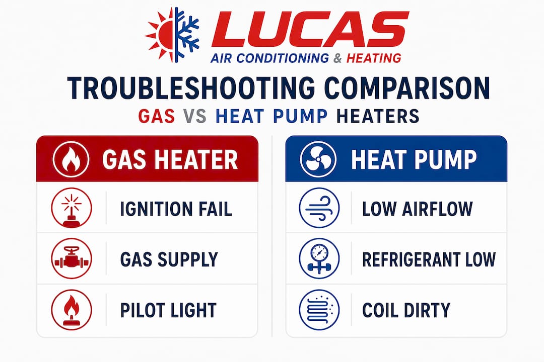 Infographic comparing gas and heat pump heater issues