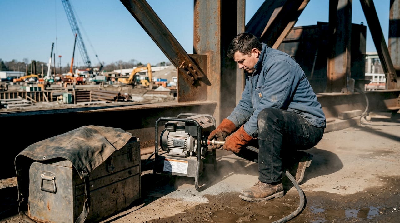 Technician operates abrasive blasting unit onsite