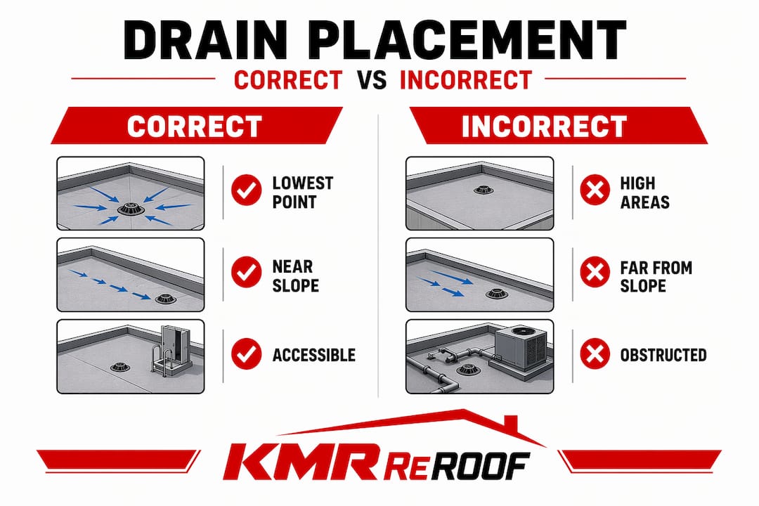 Infographic comparing roof drain placement best practices