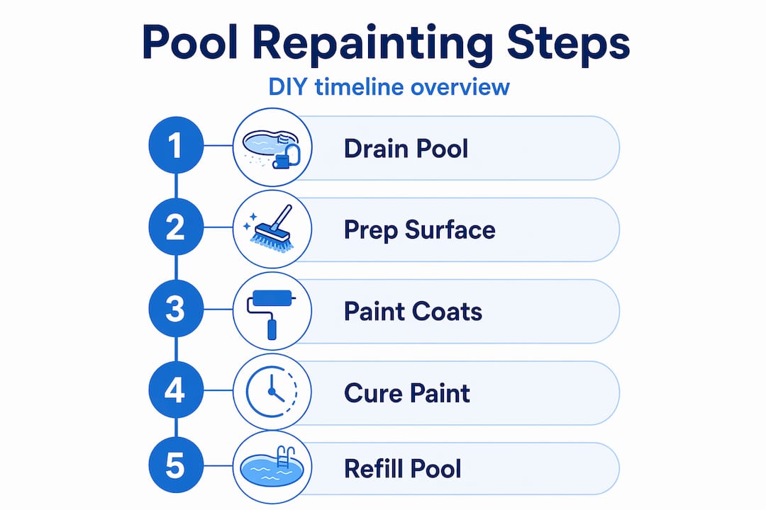 Infographic showing pool repainting steps and timeline