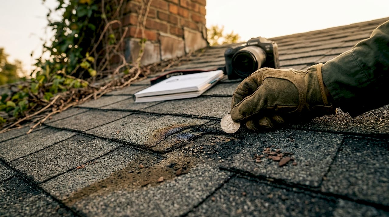 Closeup of hail bruise on asphalt shingle