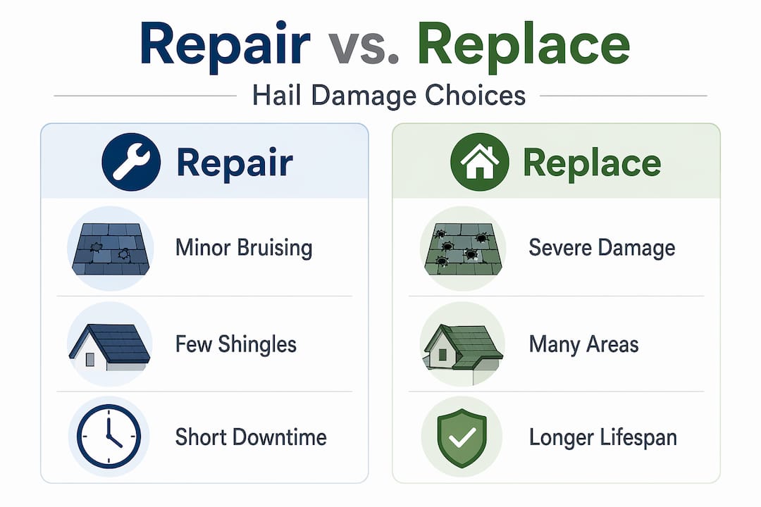 Infographic comparing roof repair and replacement after hail