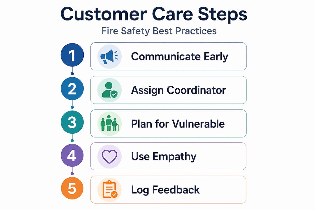 Infographic outlining five steps for customer care in fire safety