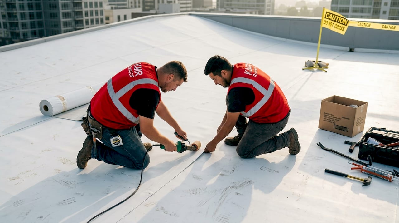 Contractors heat-welding TPO roof membrane
