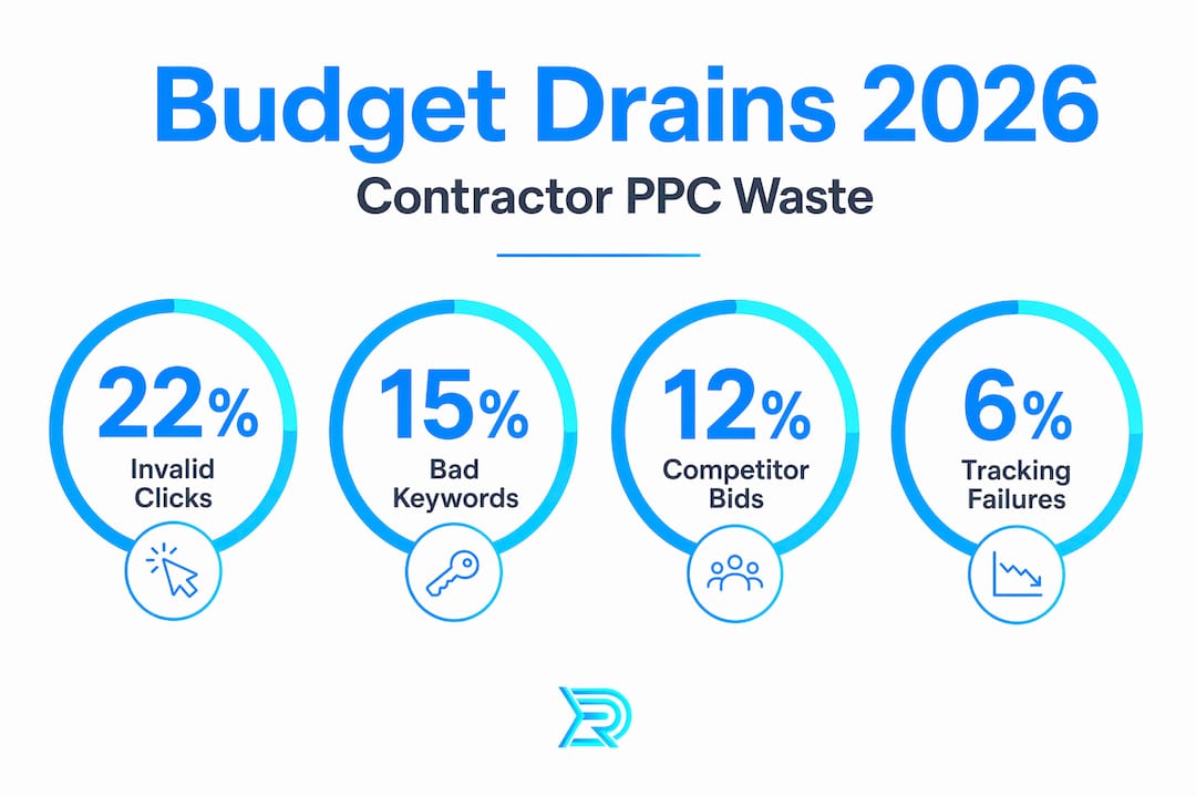 Infographic showing causes of PPC budget waste in 2026