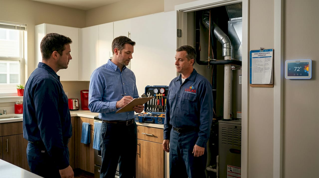 Supervisor and technicians selecting HVAC system