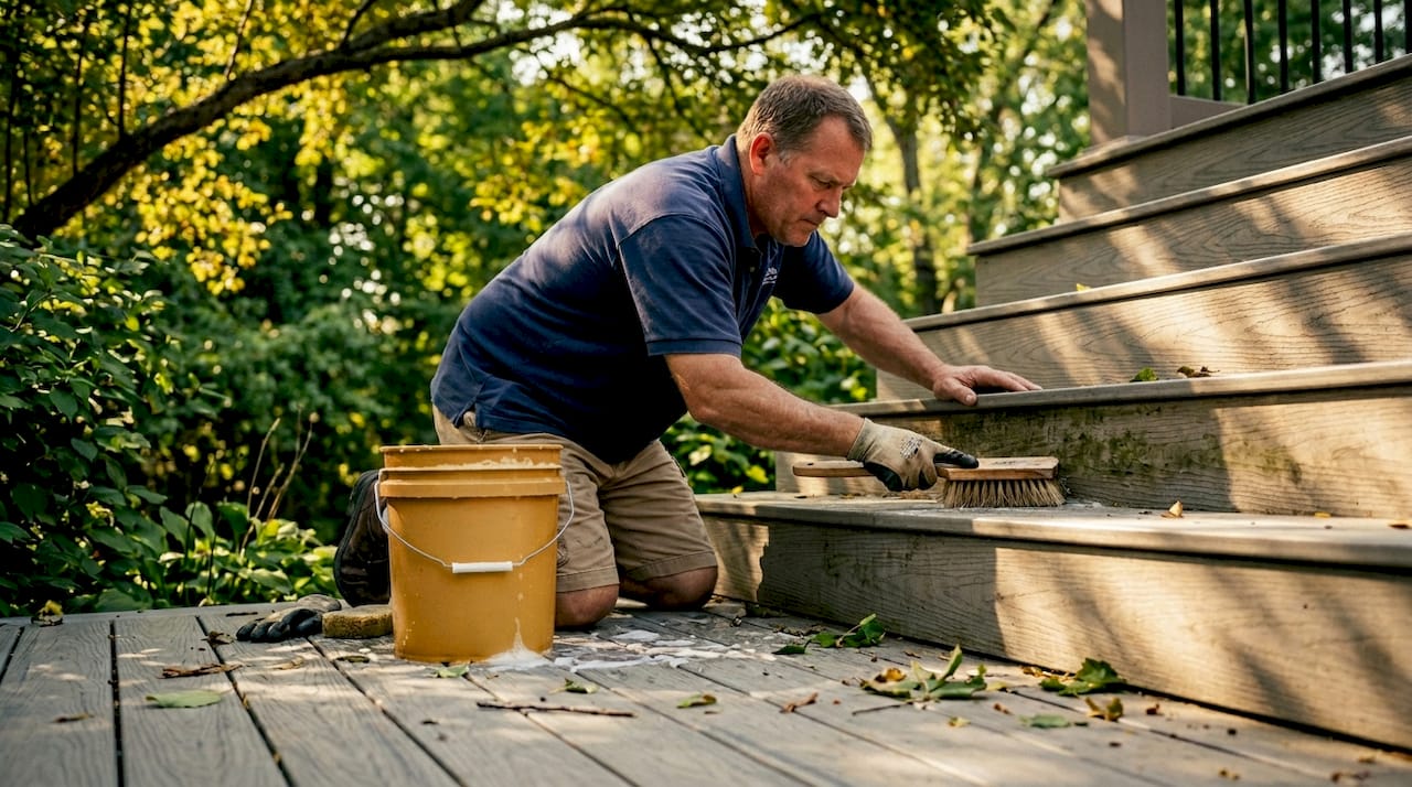 Man cleaning deck stairs and boards