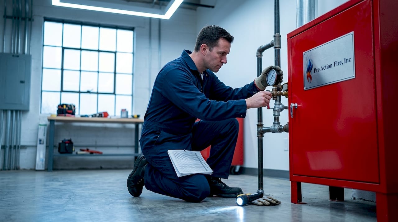 Technician inspects pre-action fire sprinkler valve