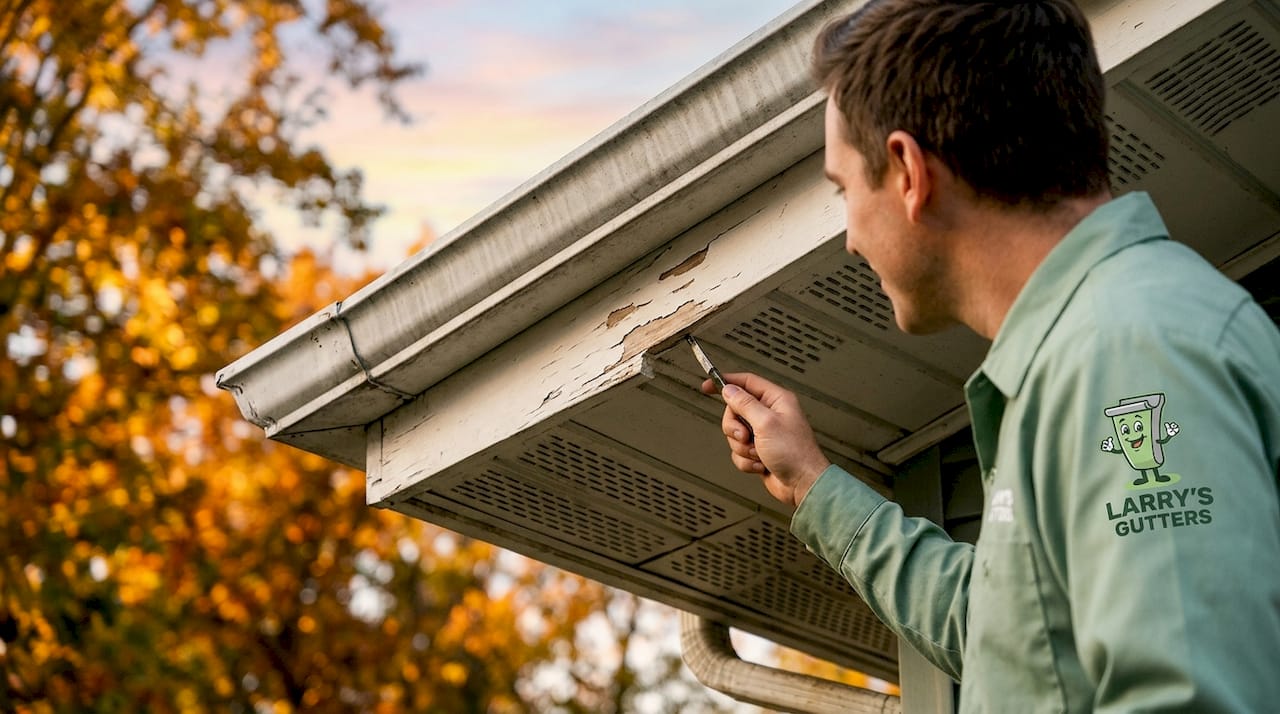 Close-up of roof drip edge and soffit vents at eaves