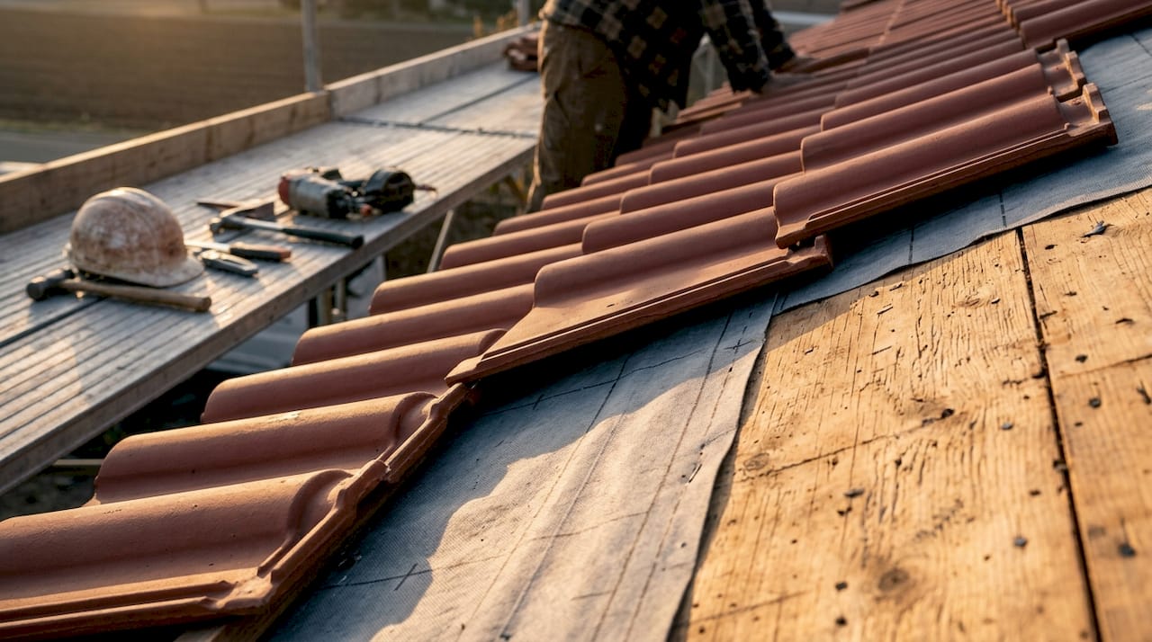 Close-up of layered tile roofing components