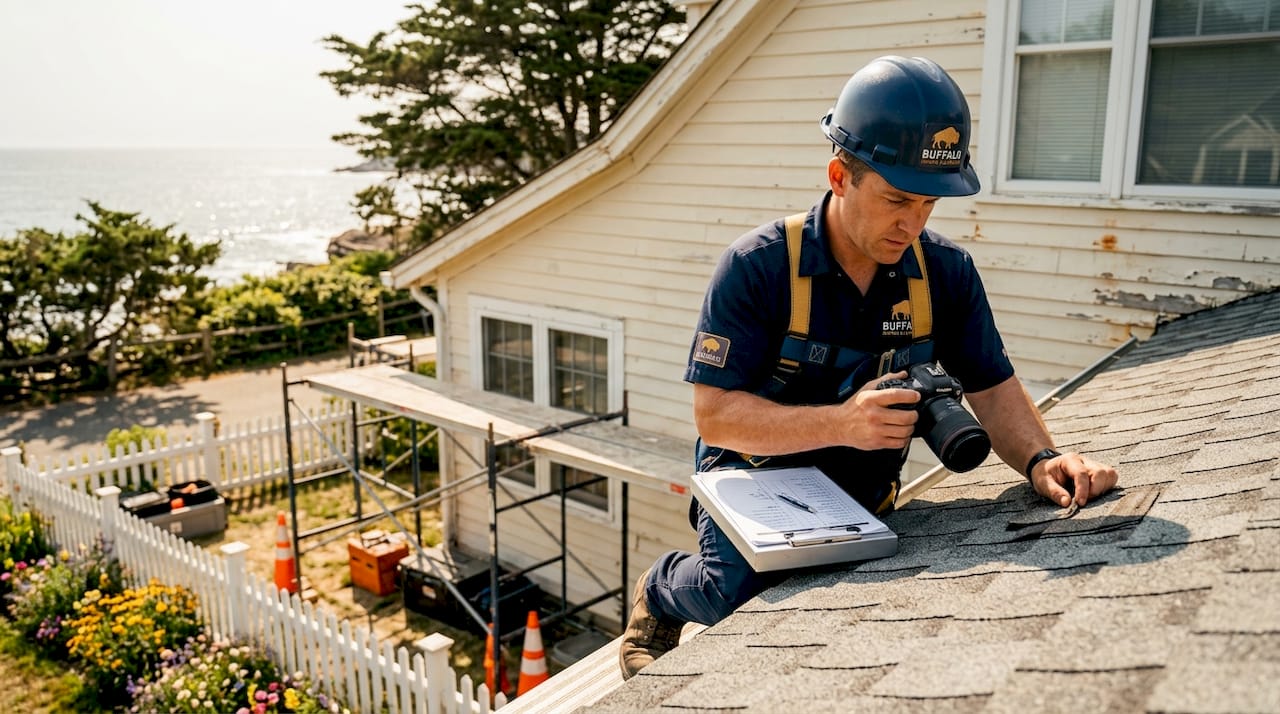 Roof inspector checking coastal home exterior