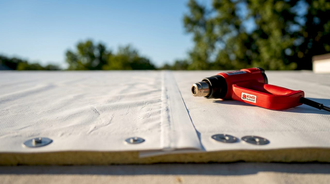 Close-up of PVC roofing membrane seam and texture