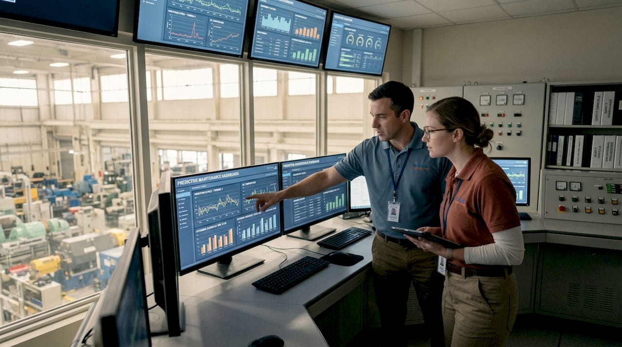 Engineers analyzing predictive maintenance data in control room