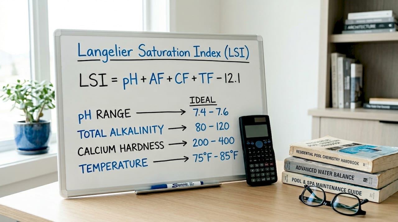 Whiteboard showing Langelier Saturation Index formula and study materials