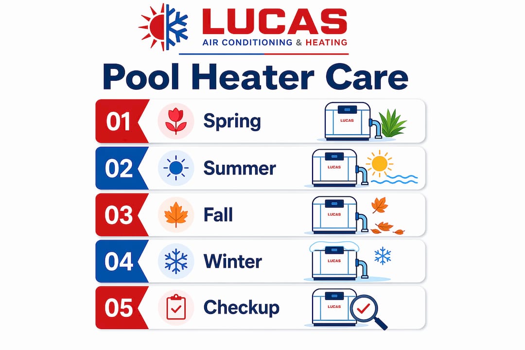 Vertical flow infographic showing seasonal pool heater maintenance