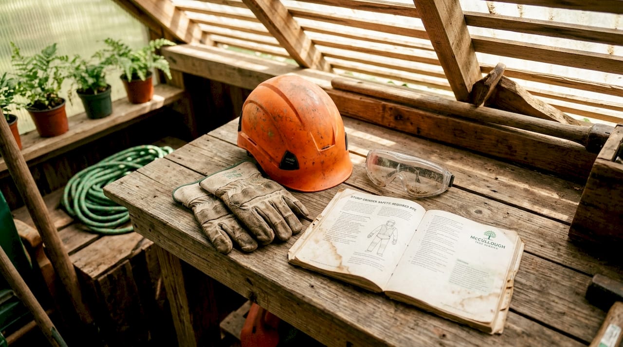 Close-up of stump grinding safety gear on workbench
