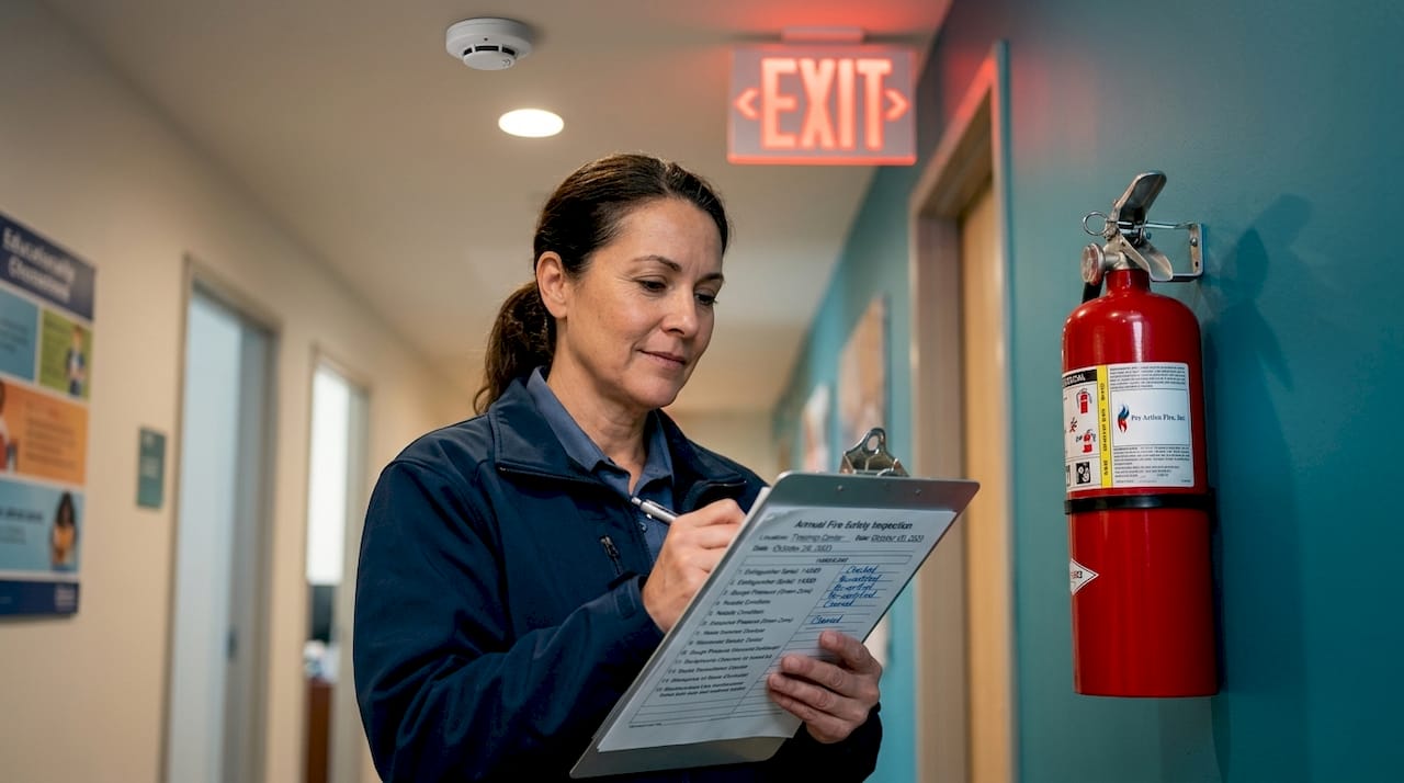 Professional inspecting fire safety equipment