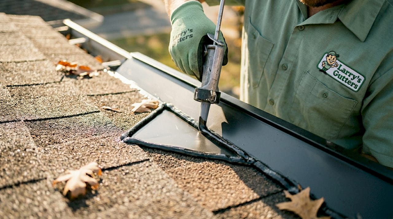 Close-up of gutter diverter flange sealing