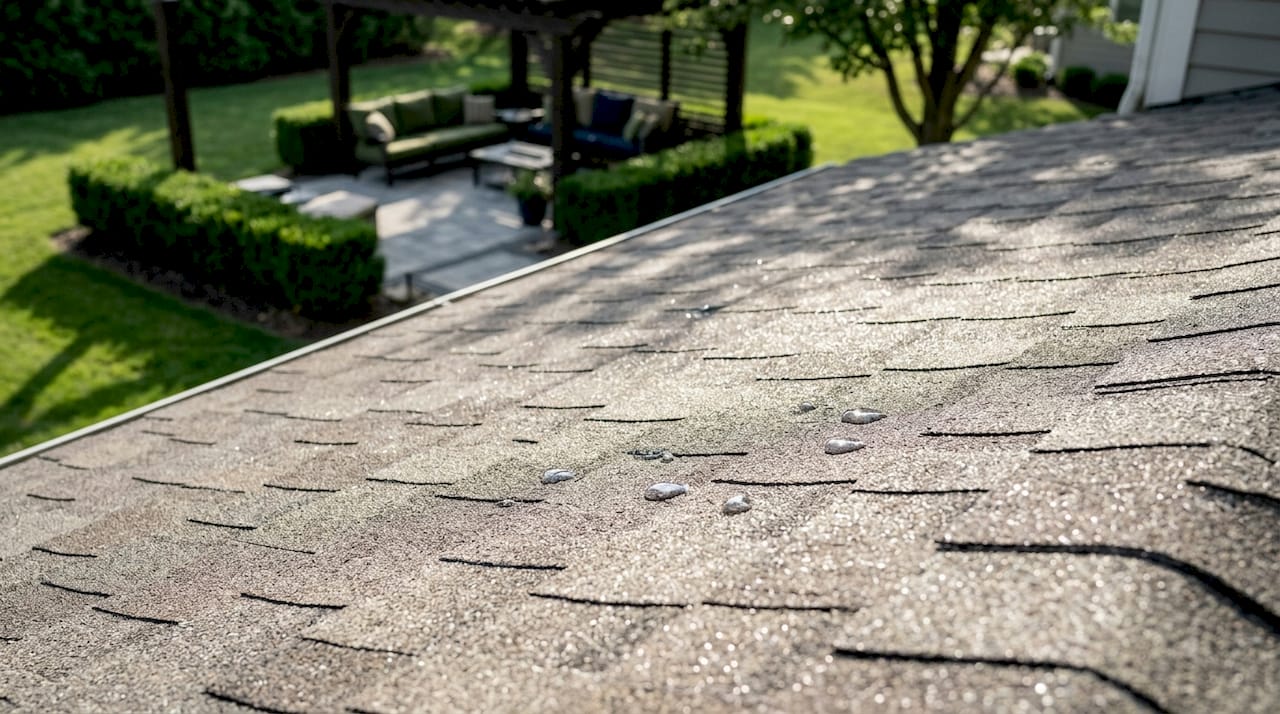 Close up of Class 4 hail-resistant roofing shingles