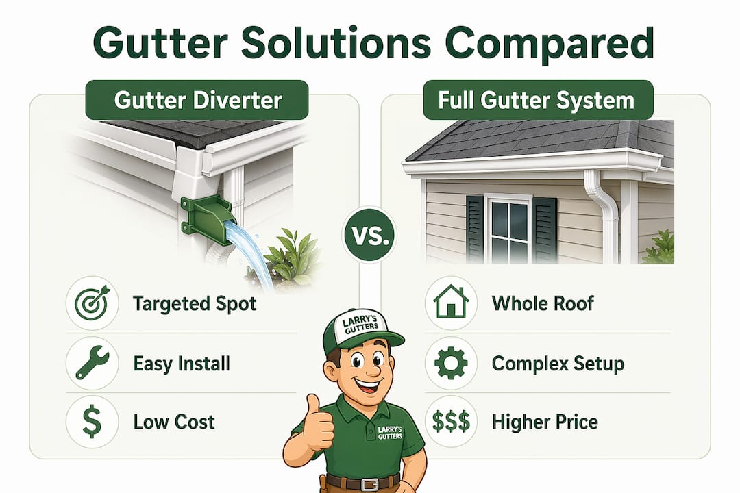 Infographic comparing gutter diverters and full gutter systems