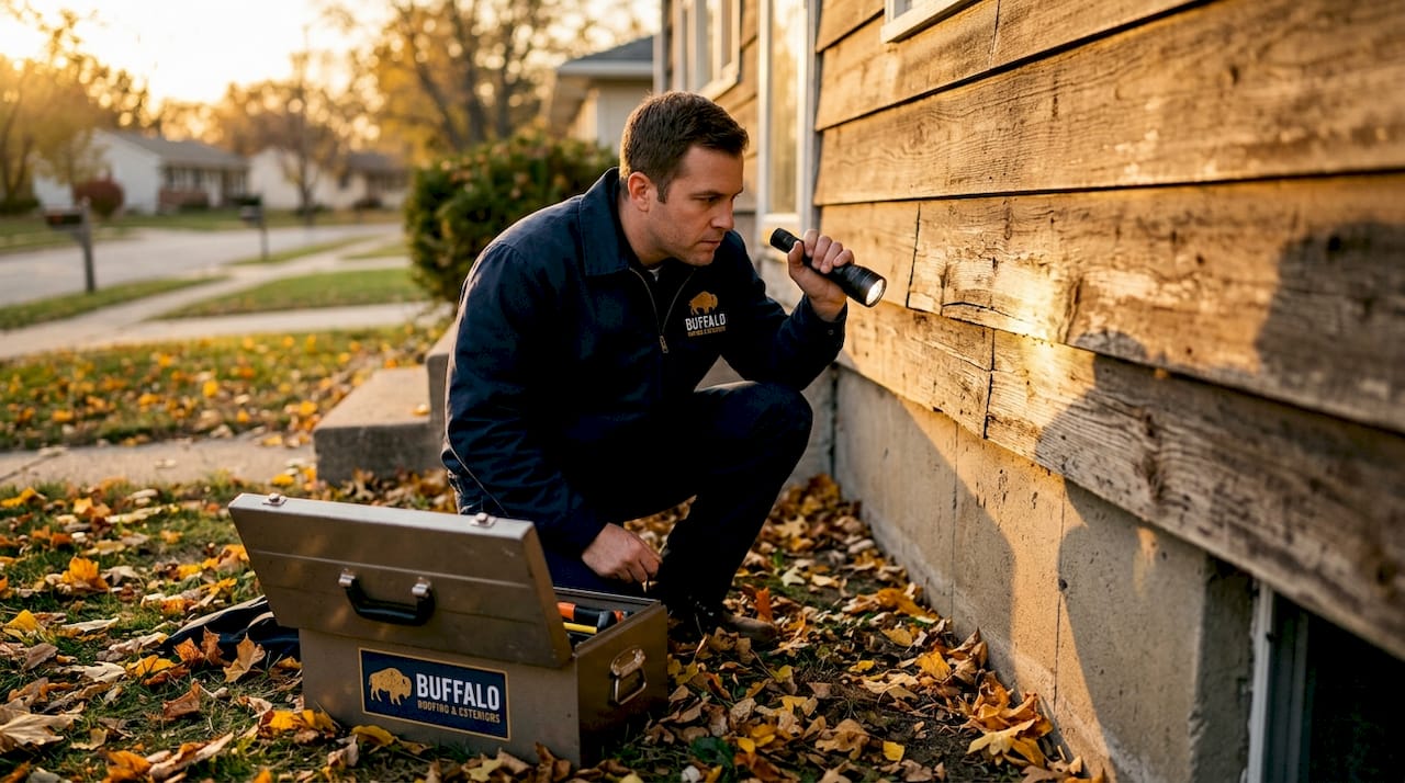 Home inspector checking house siding