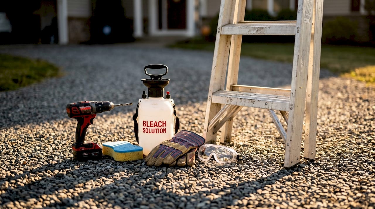 Essential roof maintenance tools arranged on porch