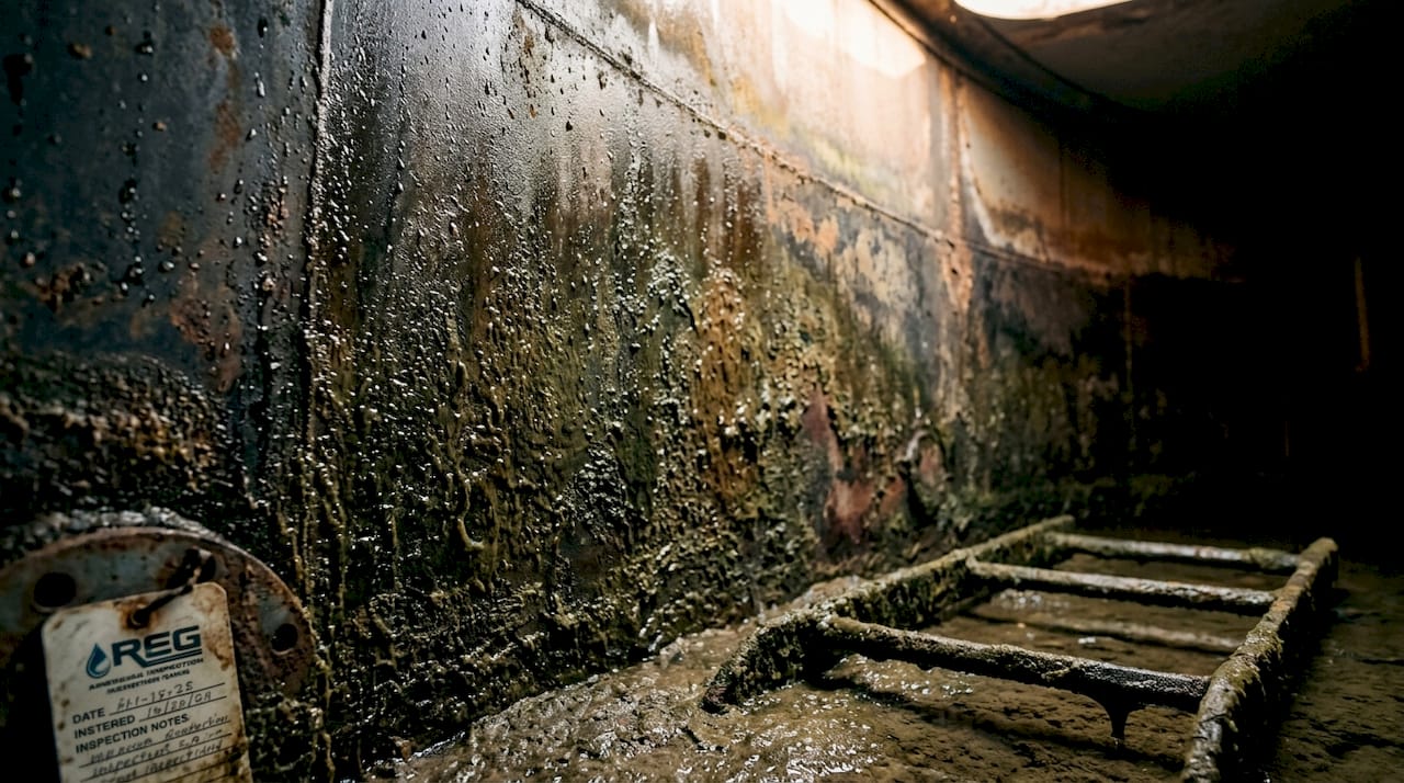 Close-up of biofilm and sediment inside water tank