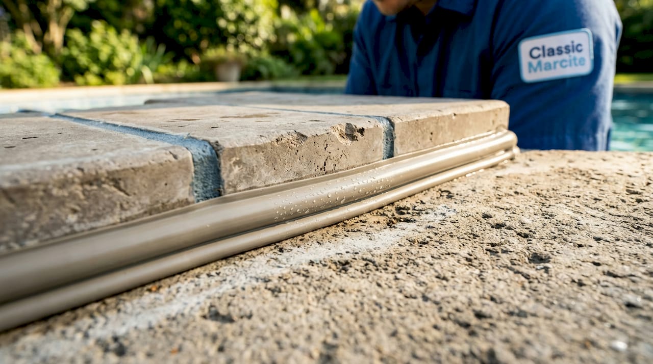 Close-up of sealed pool expansion joint
