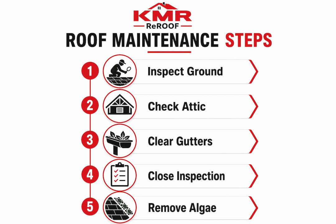 Infographic illustrating roof maintenance steps checklist