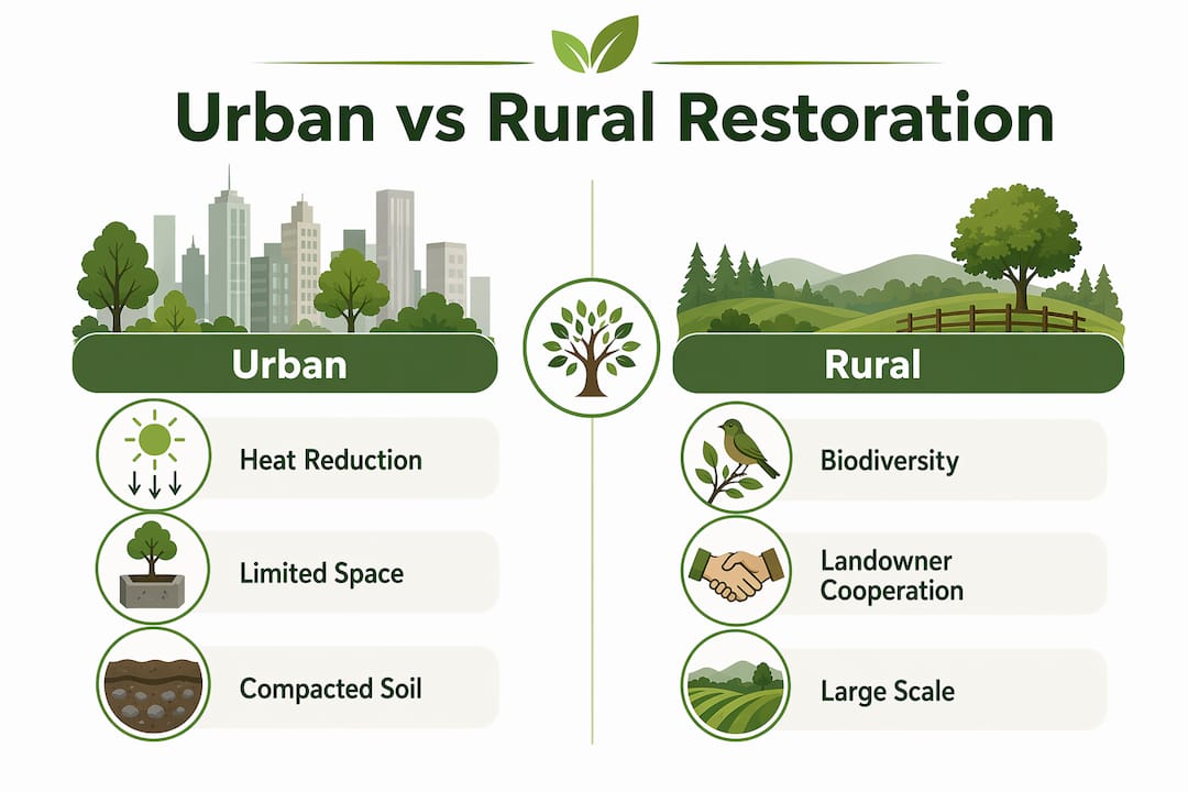 Infographic comparing urban and rural canopy restoration