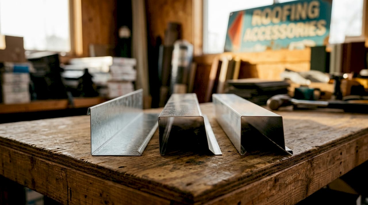 Three metal drip edge profile types displayed on bench