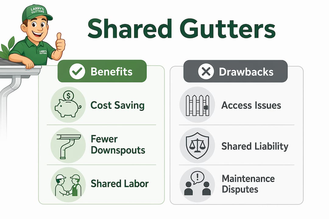 Infographic comparing benefits and drawbacks of shared gutters