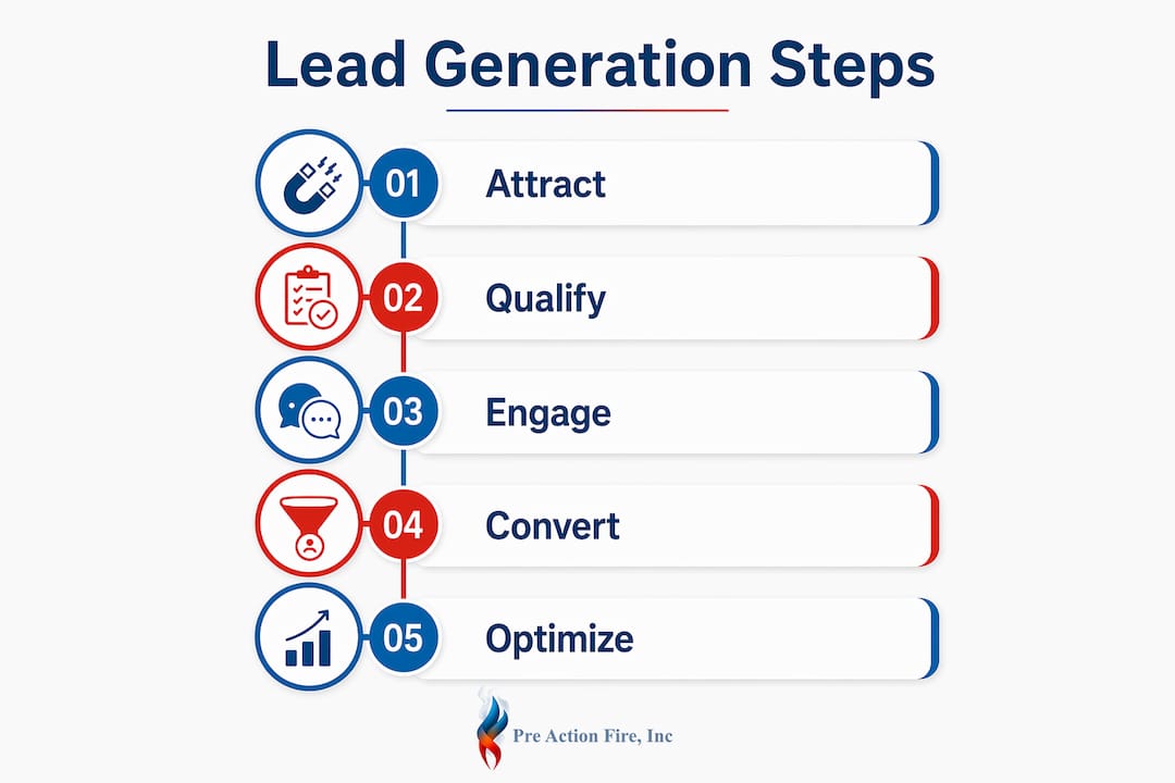 Infographic illustrating fire safety lead generation steps