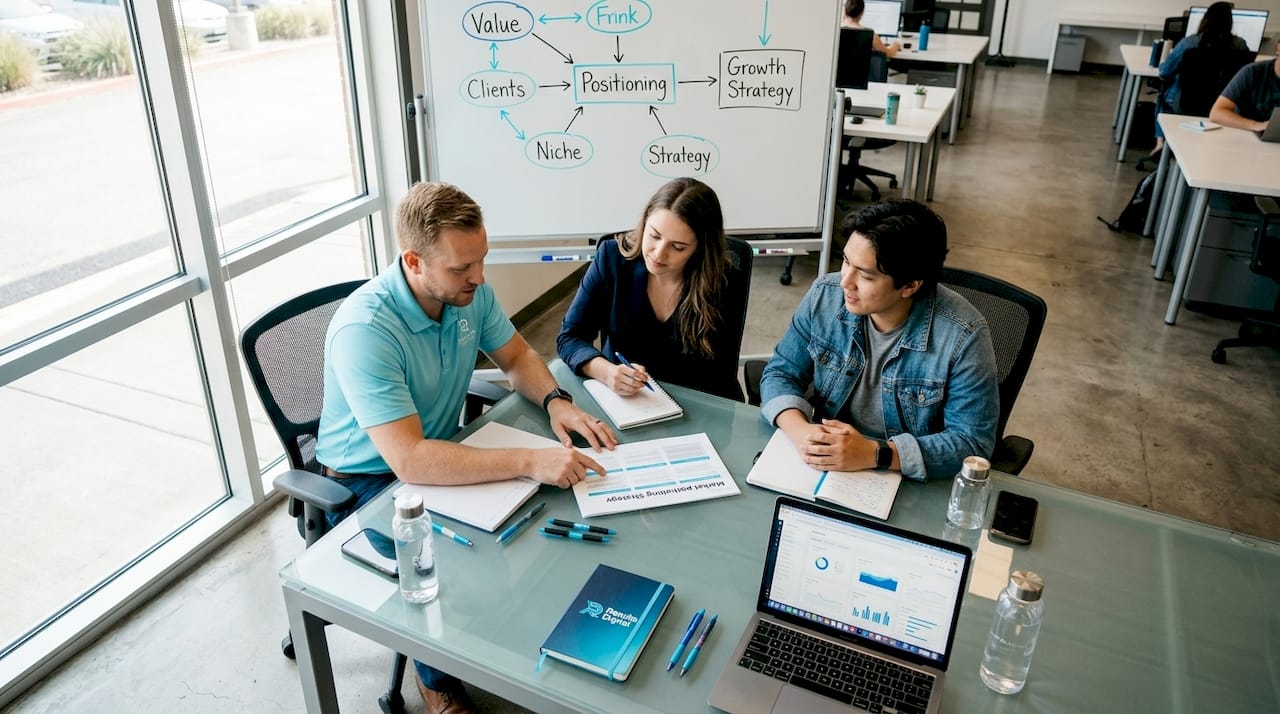 Contractors collaborating on marketing strategy