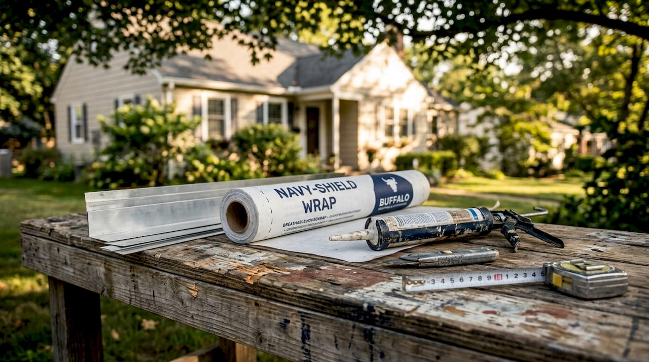 Close-up of weatherproofing materials and tools on bench