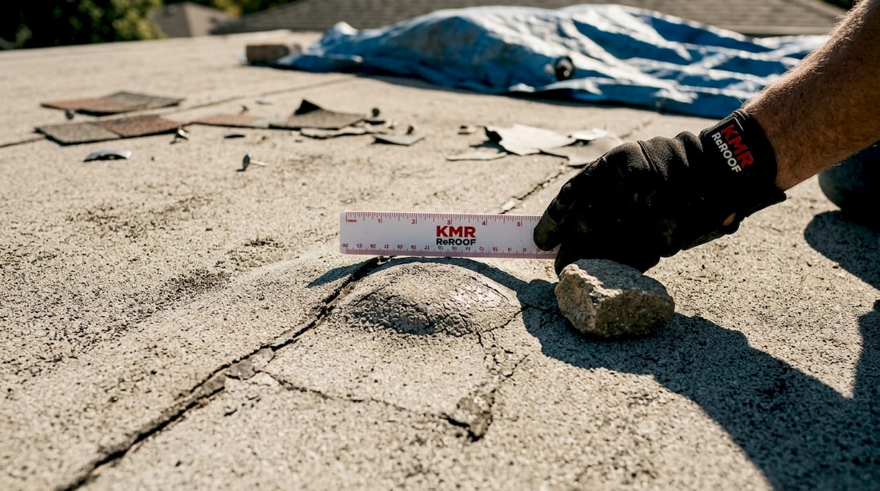 Close-up of flat roof damage showing blistering and seams