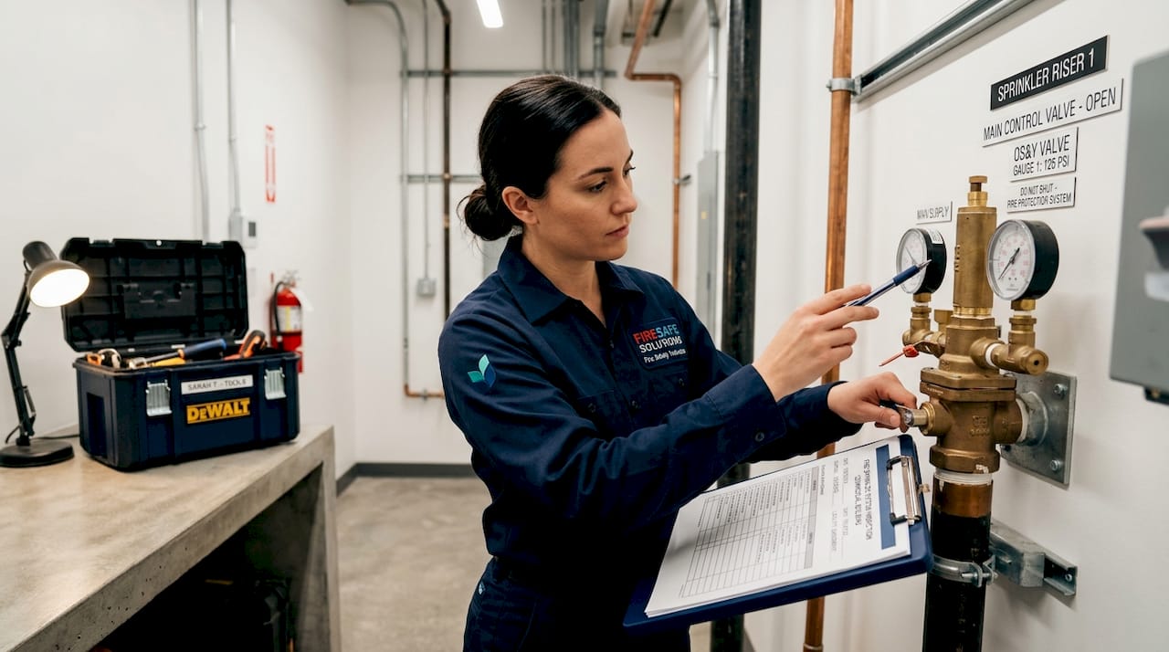 Technician inspecting fire sprinkler valve indoors