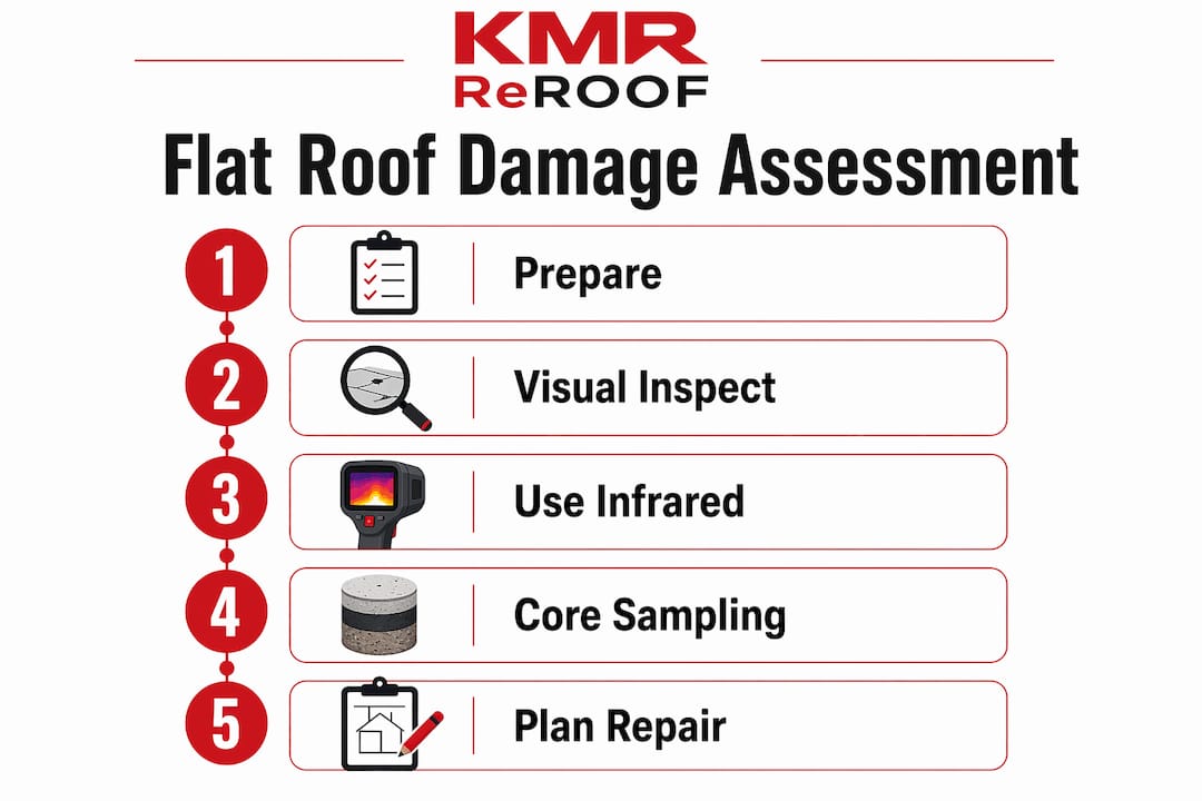 Infographic illustrating steps to assess flat roof damage