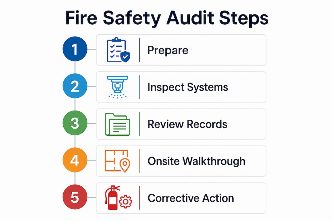 Infographic illustrating fire safety audit step-by-step process