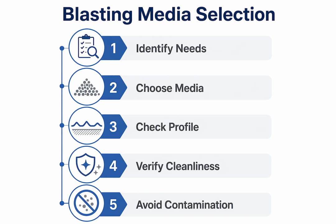 Infographic illustrating selection steps for blasting media