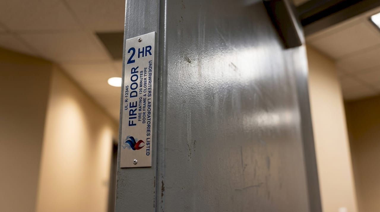 Close-up of fire door rating label