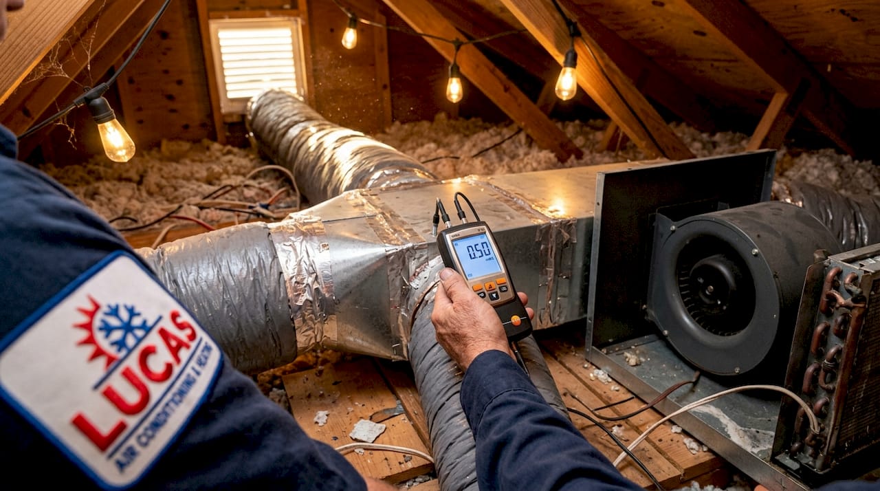 Measuring HVAC fan pressure inside attic ducts
