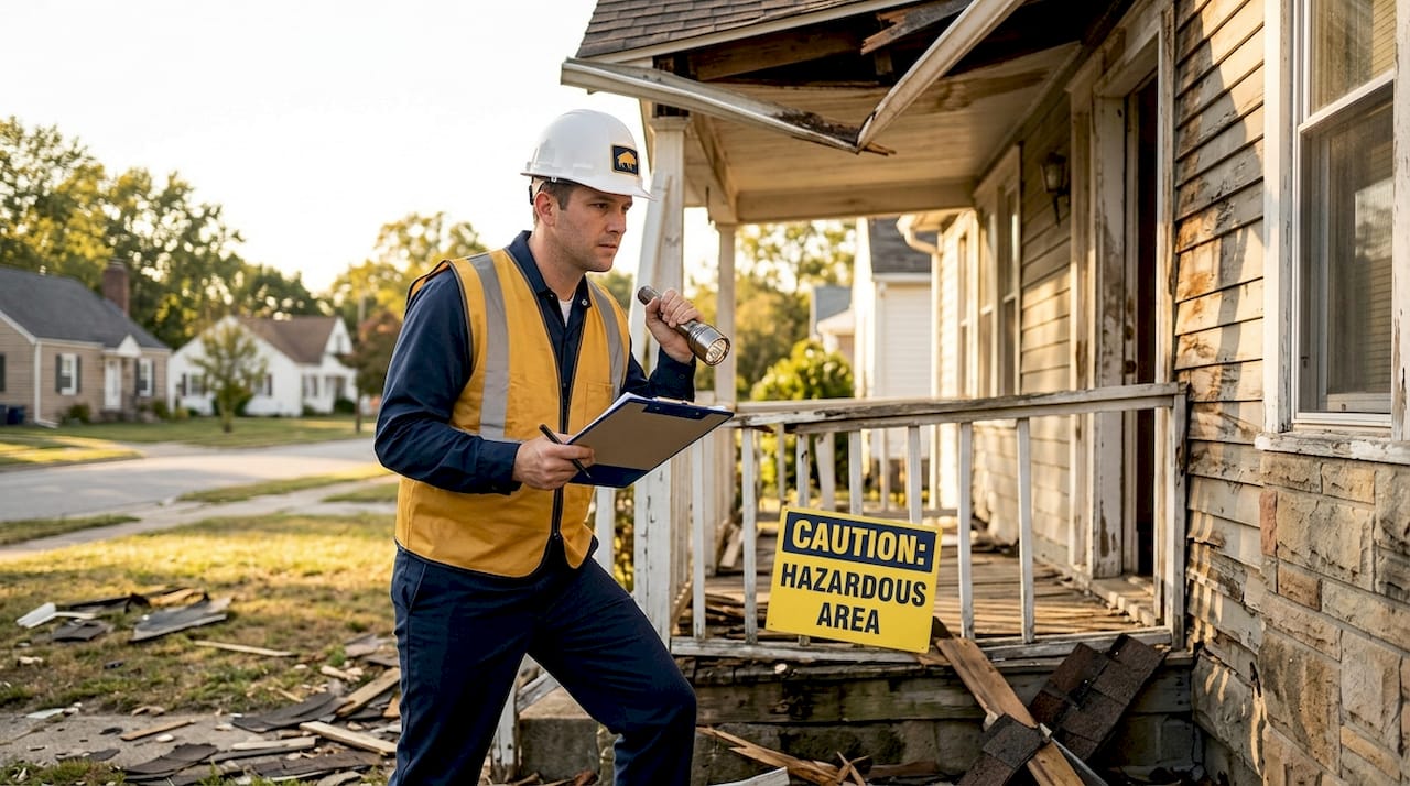 Inspector checking home safety after storm damage