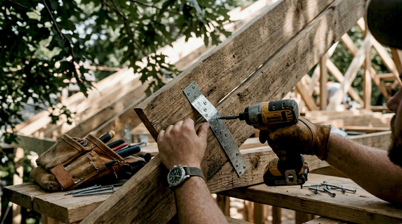 Close-up of hurricane strap installation on roof