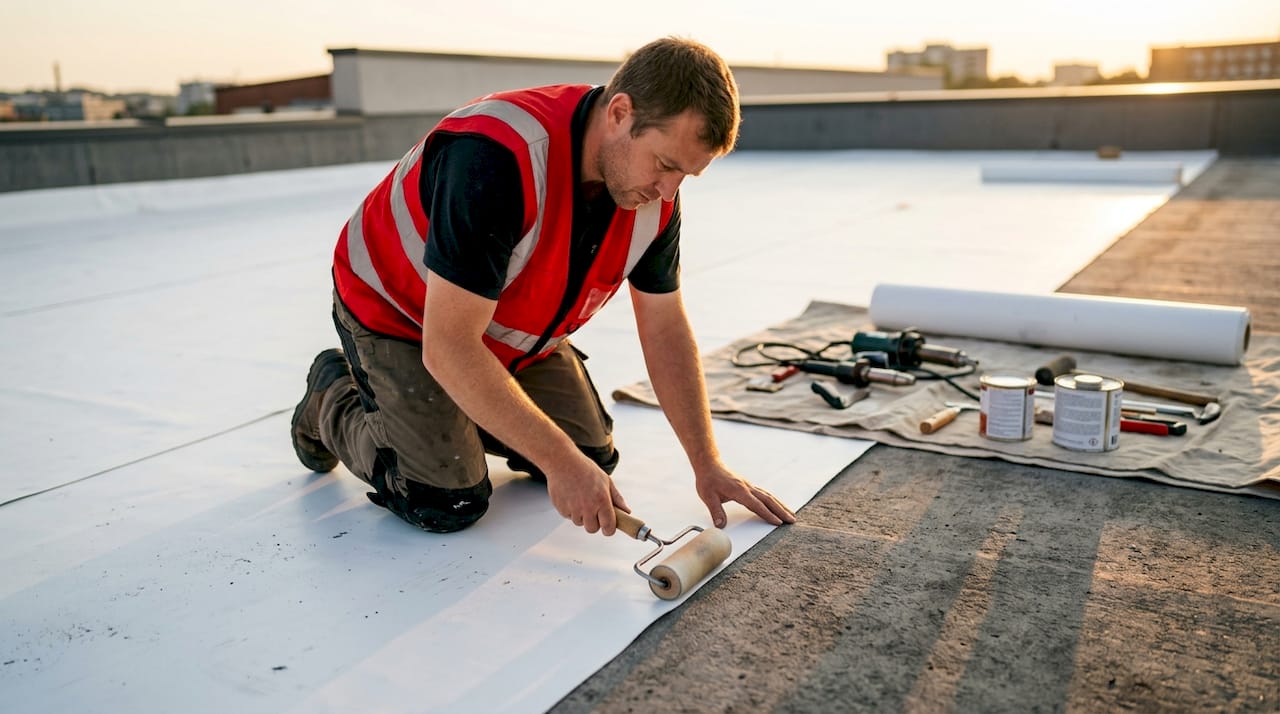 Roofer installing white TPO membrane on flat roof