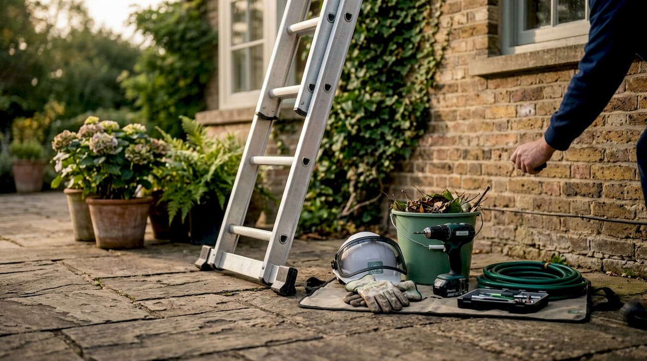 Gutter maintenance safety tools and ladder setup