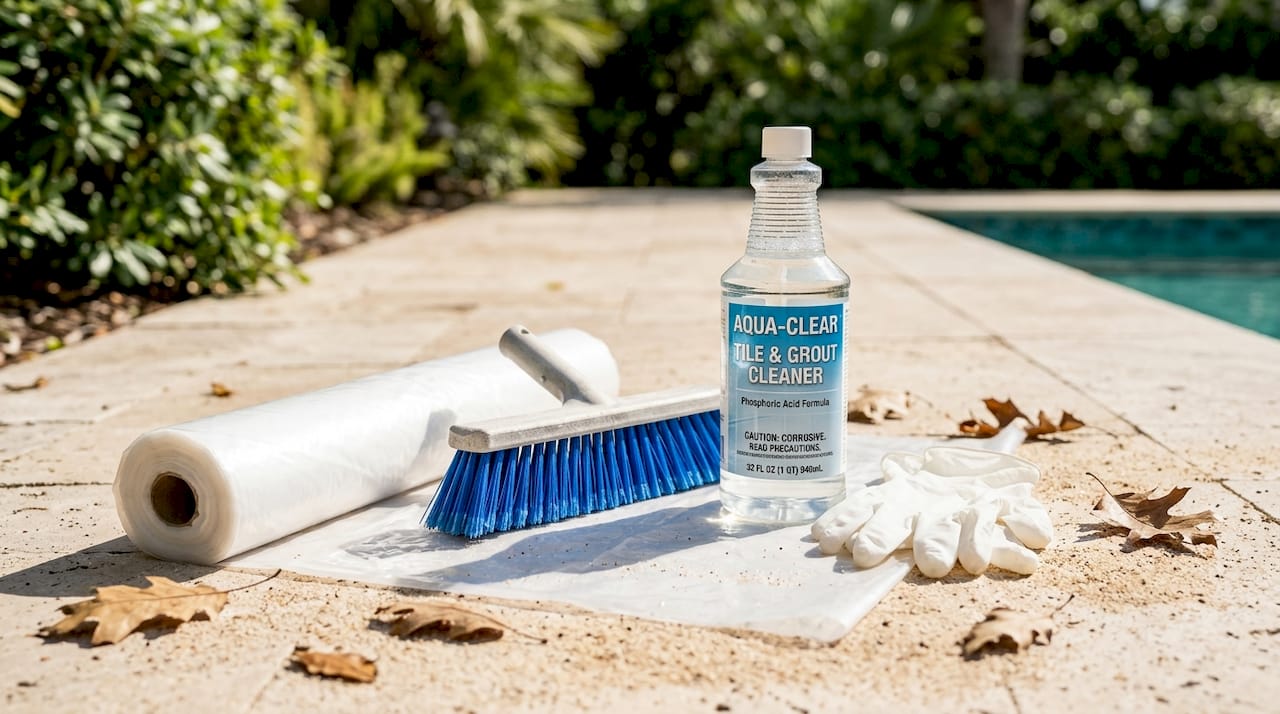 Pool tile cleaning tools arranged on pool deck