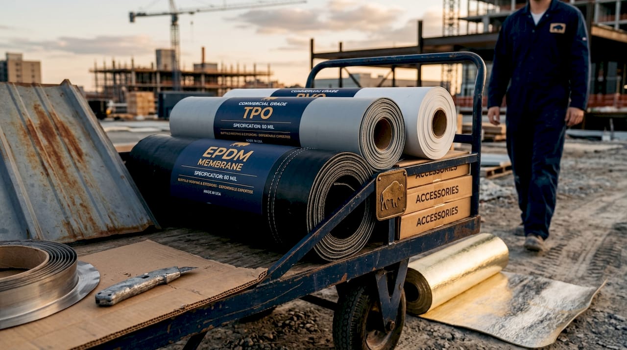 Close-up of commercial roofing materials on pallet