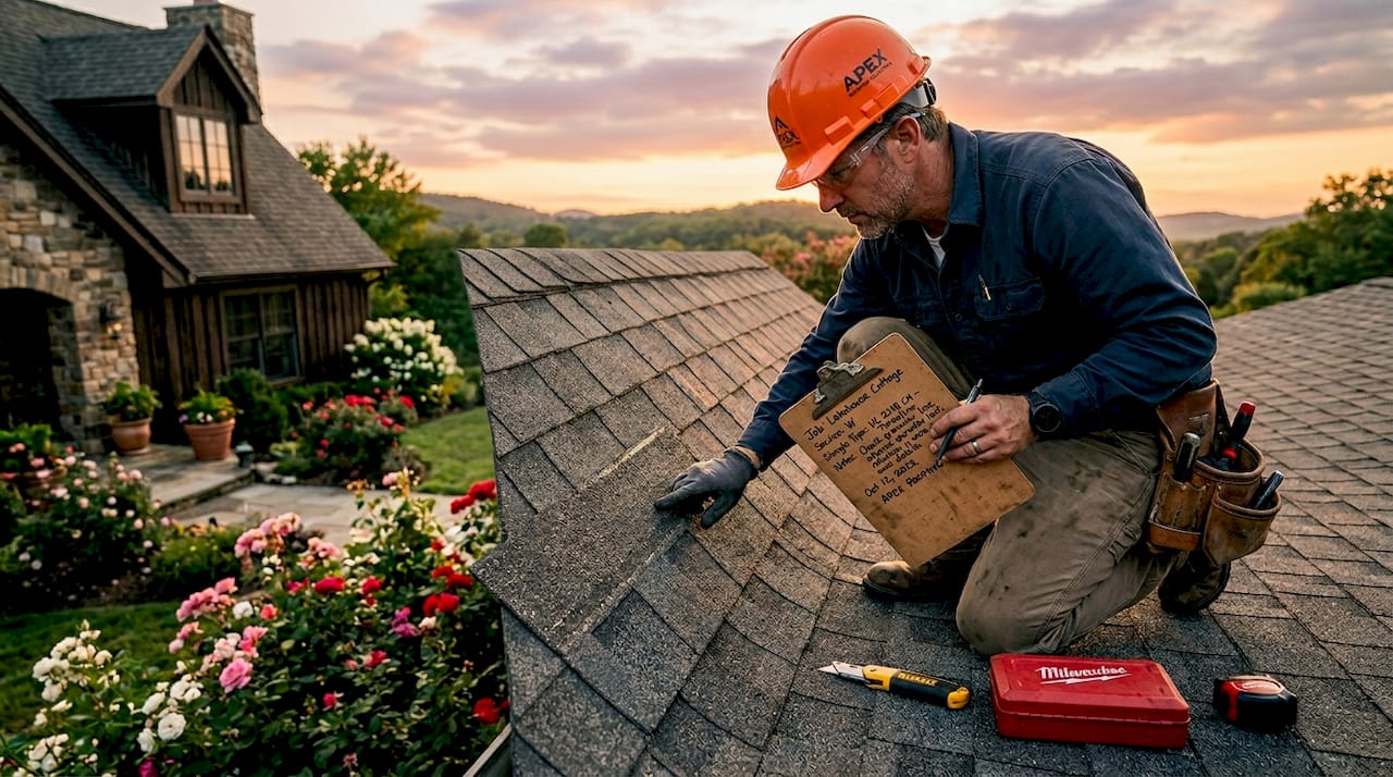 Contractor inspecting impact-resistant shingles